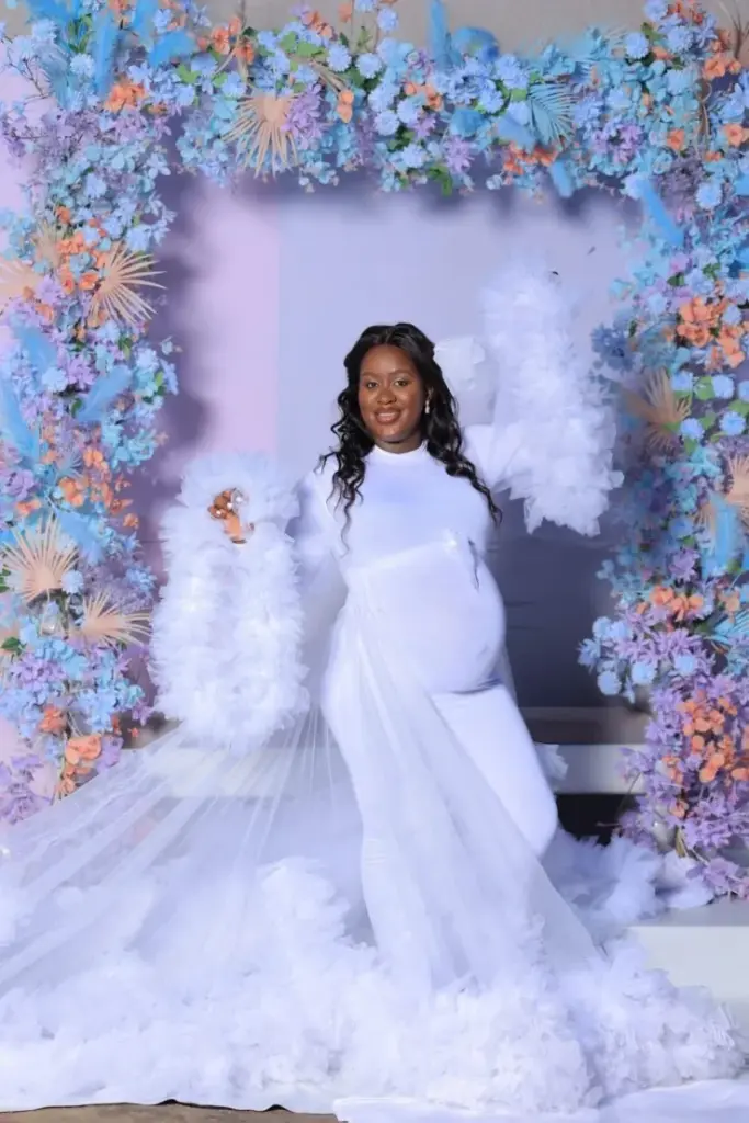 pregnant woman in white dress