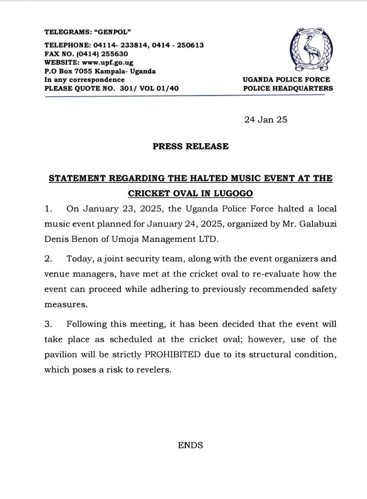 King Saha Concert 2025: Uganda Police Officially Greenlights Show 2 Police statement on King Saha concert