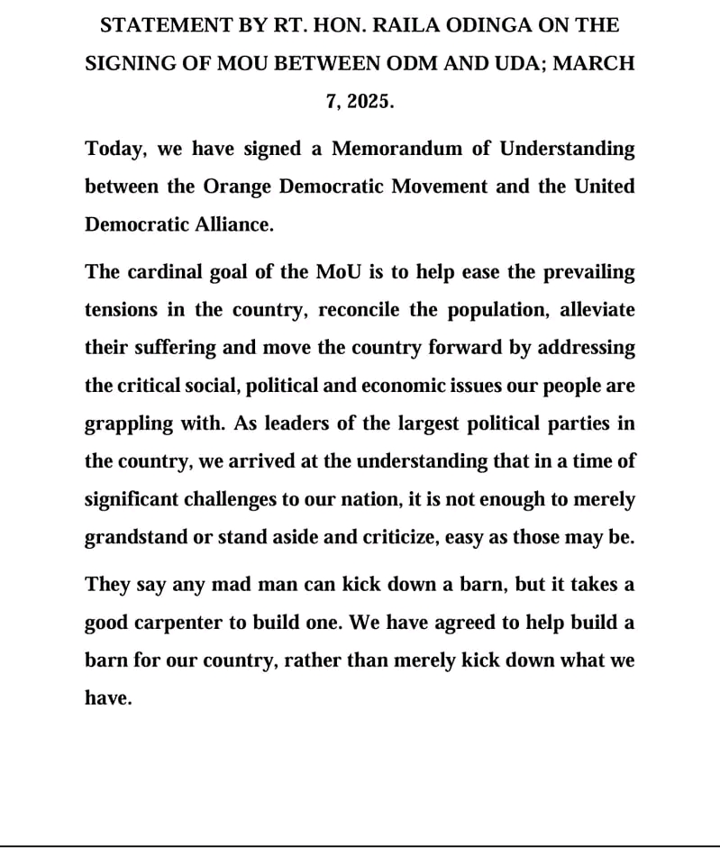 Raila Odinga’s statement on MoU with William Ruto's UDA