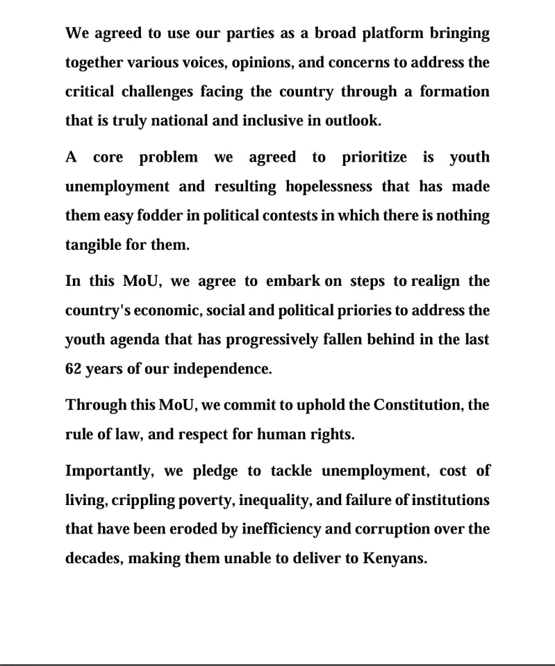 Raila Odinga’s ODM-UDA Memorandum Of Understanding