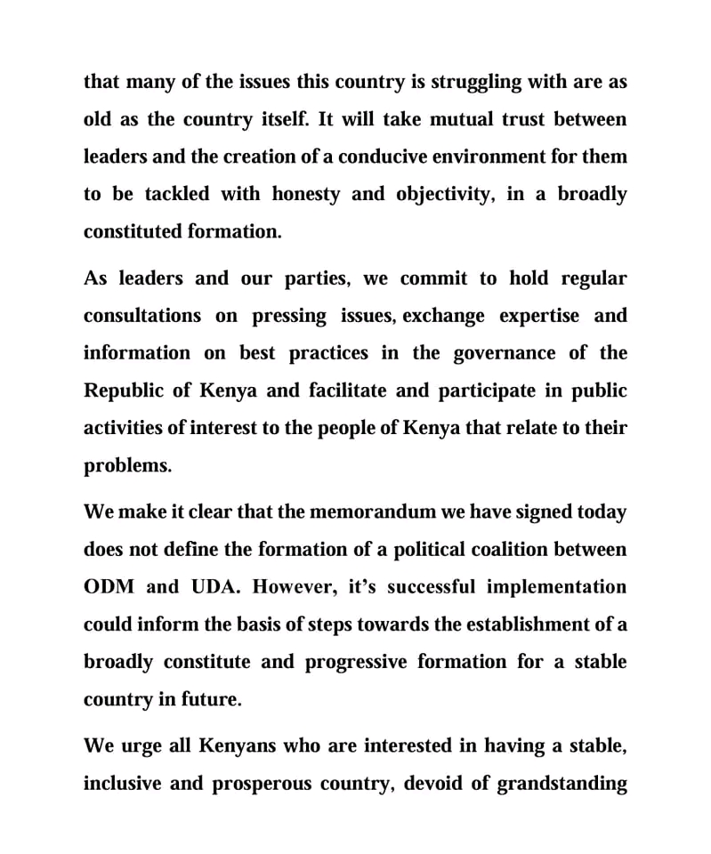 Raila Odinga’s ODM-UDA Memorandum Of Understanding