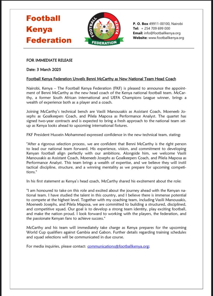 Official: Benni McCarthy signs as Harambee Stars Head Coach