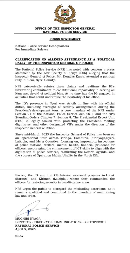 National Police Service defends the IGP on the press released by the law society of Kenya