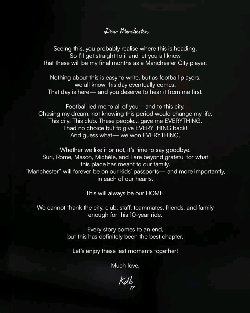 Kevin De Bruyne farewell message to Manchester city fans