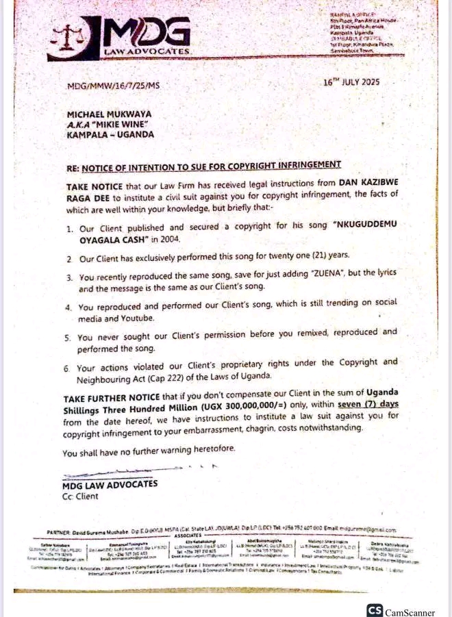 Ragga Dee's legal letter to Mikie Wine for intention to sue