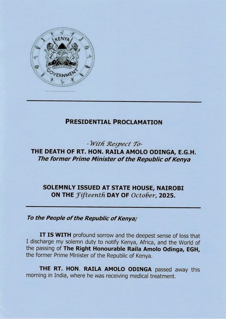 President Ruto Declares Seven Days of National Mourning Following the Death of Raila Odinga