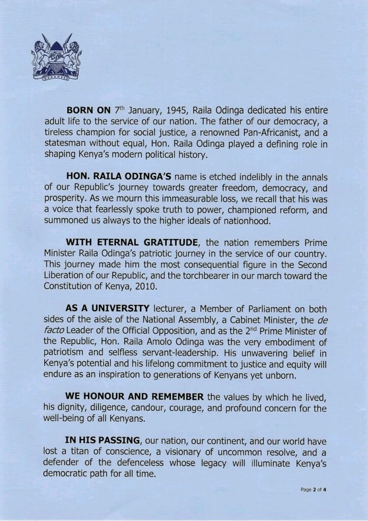 President Ruto Declares Seven Days of National Mourning Following the Death of Raila Odinga