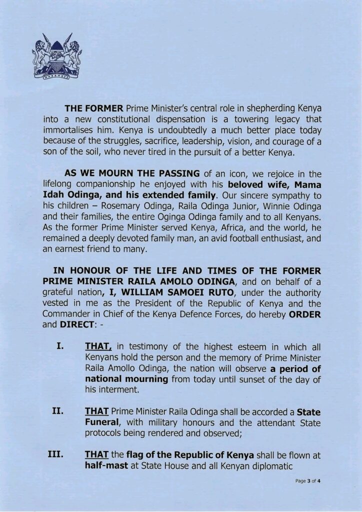 President Ruto Declares Seven Days of National Mourning Following the Death of Raila Odinga