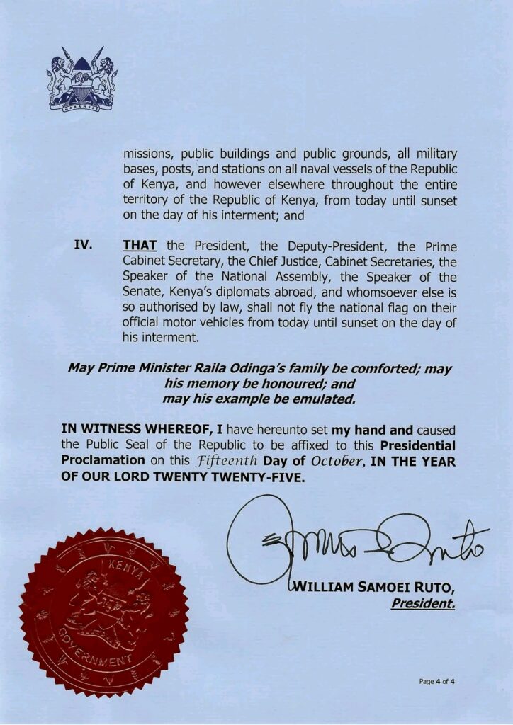 President Ruto Declares Seven Days of National Mourning Following the Death of Raila Odinga