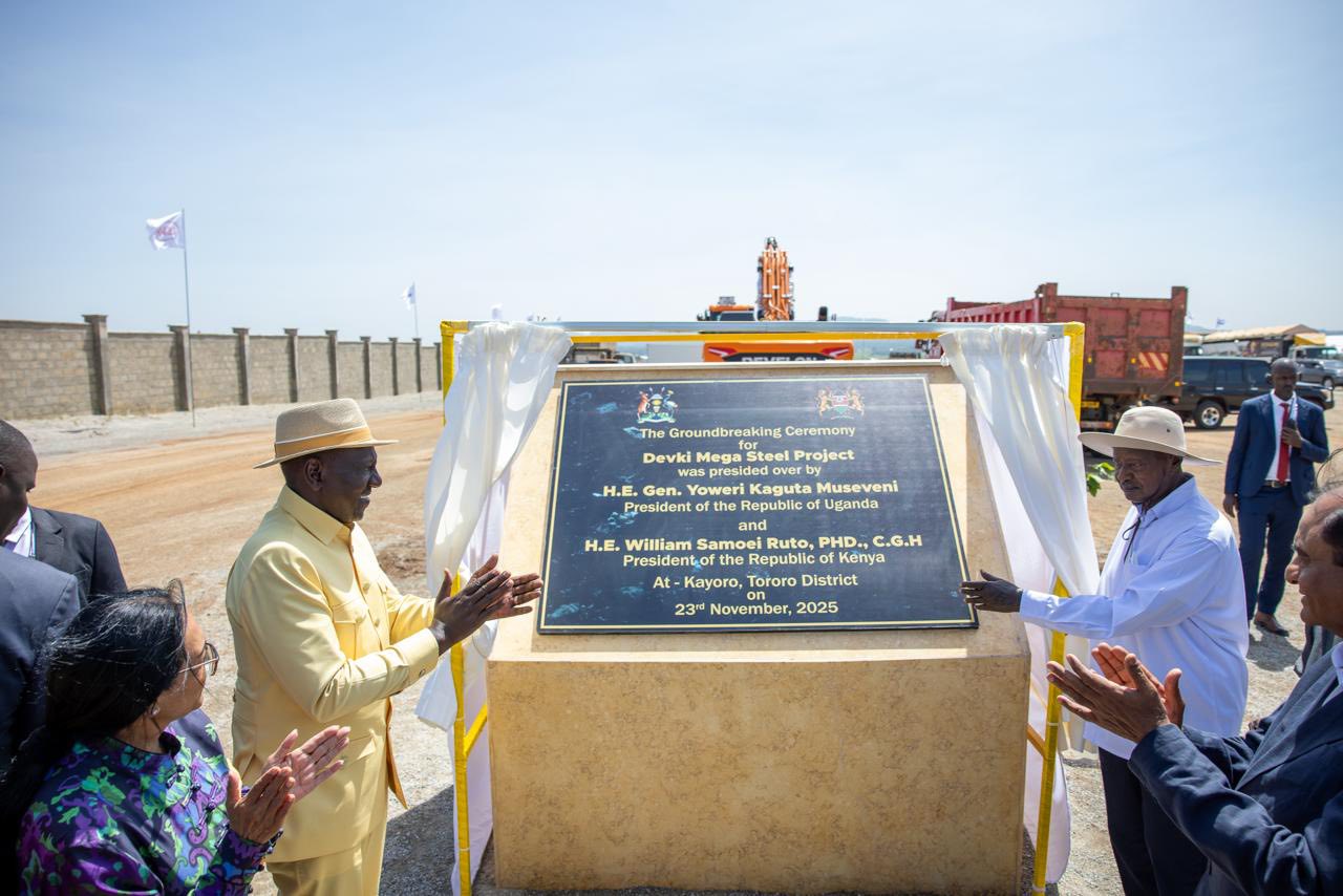 May be an image of one or more people and text that says '0- H.E. President CThe Groundbre Groundbreaking reaking Ceremony Devki Mega Steel Project was vaspr presided Kaguta Museveni Republic Uganda and H.E. William PresidetoftheRepublicot/Kenya Samoe Ruto, PHD. C.G.H President.of Republic Kenya At Kayoro, Tororo Tororo District 23℃ November, 2025'