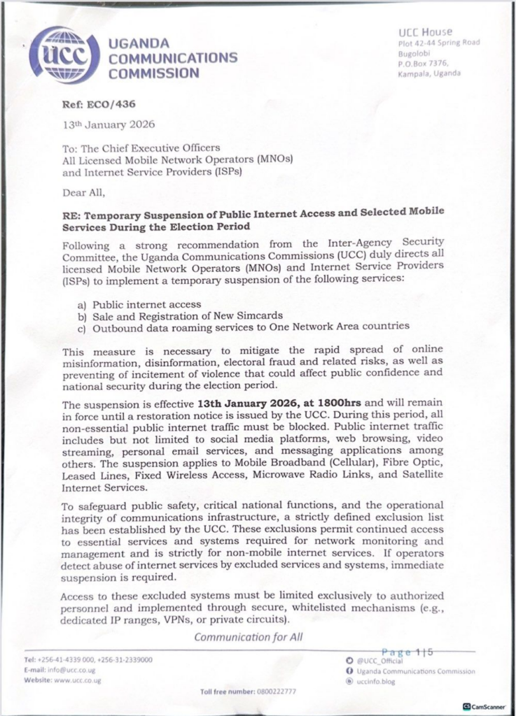 UCC Shuts Down Internet Access in Uganda as Elections Begin 1 UCC Shuts Down Internet Access in Uganda as Elections Begin