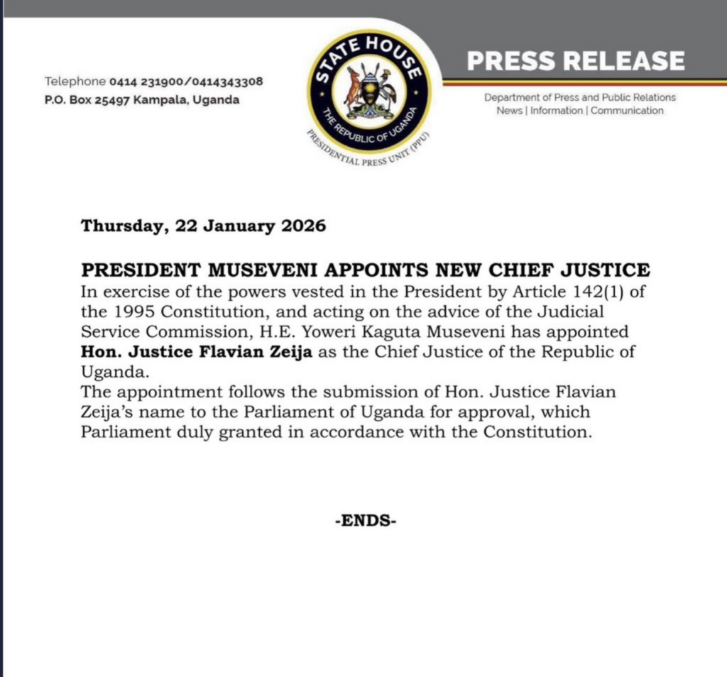 President Museveni Appoints Justice Flavian Zeija as New Chief Justice 1 President Yoweri Kaguta Museveni has appointed Hon. Justice Flavian Zeija as the new Chief Justice