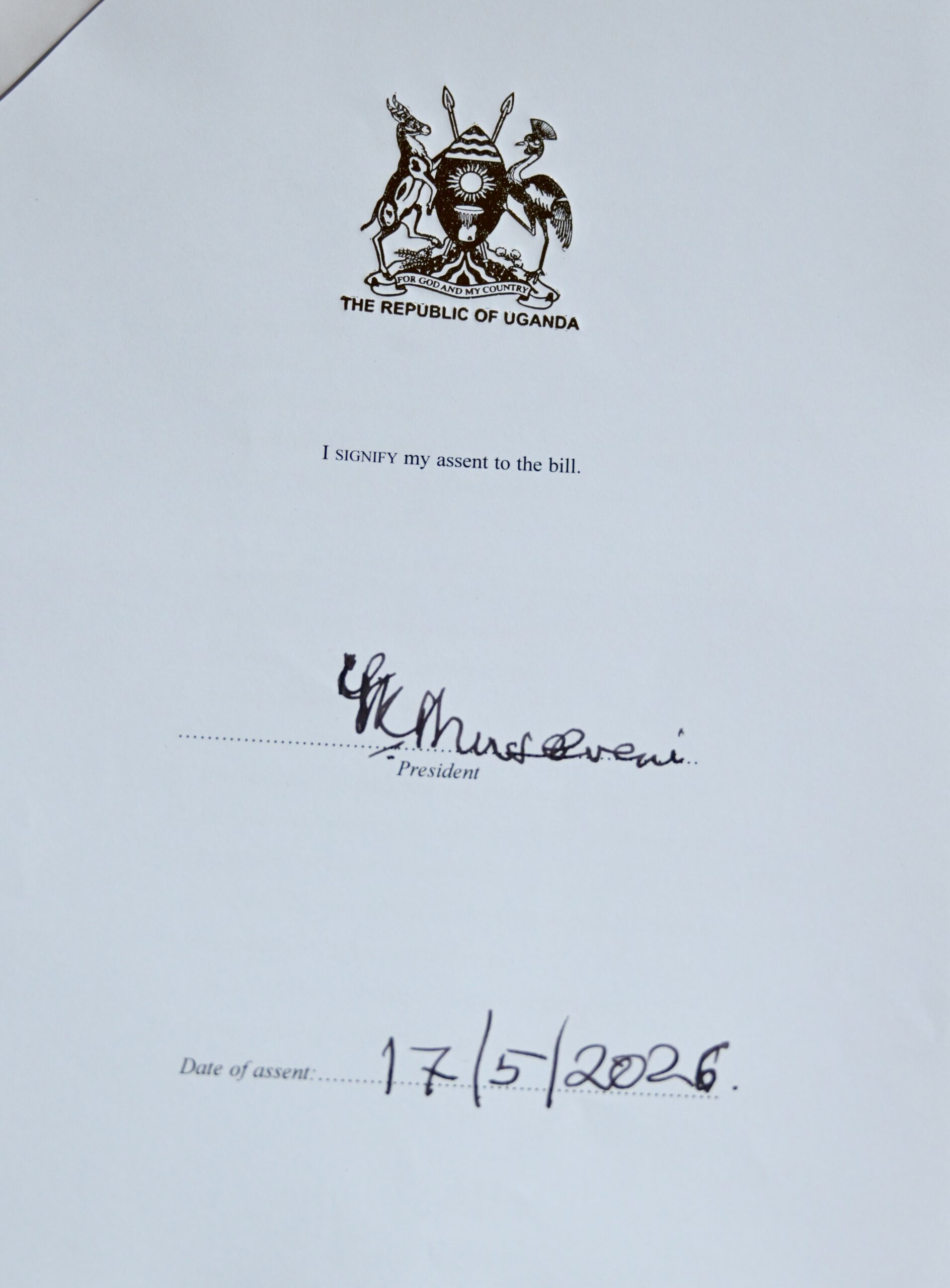 Museveni Signs Sovereignty Act officially into effective law
