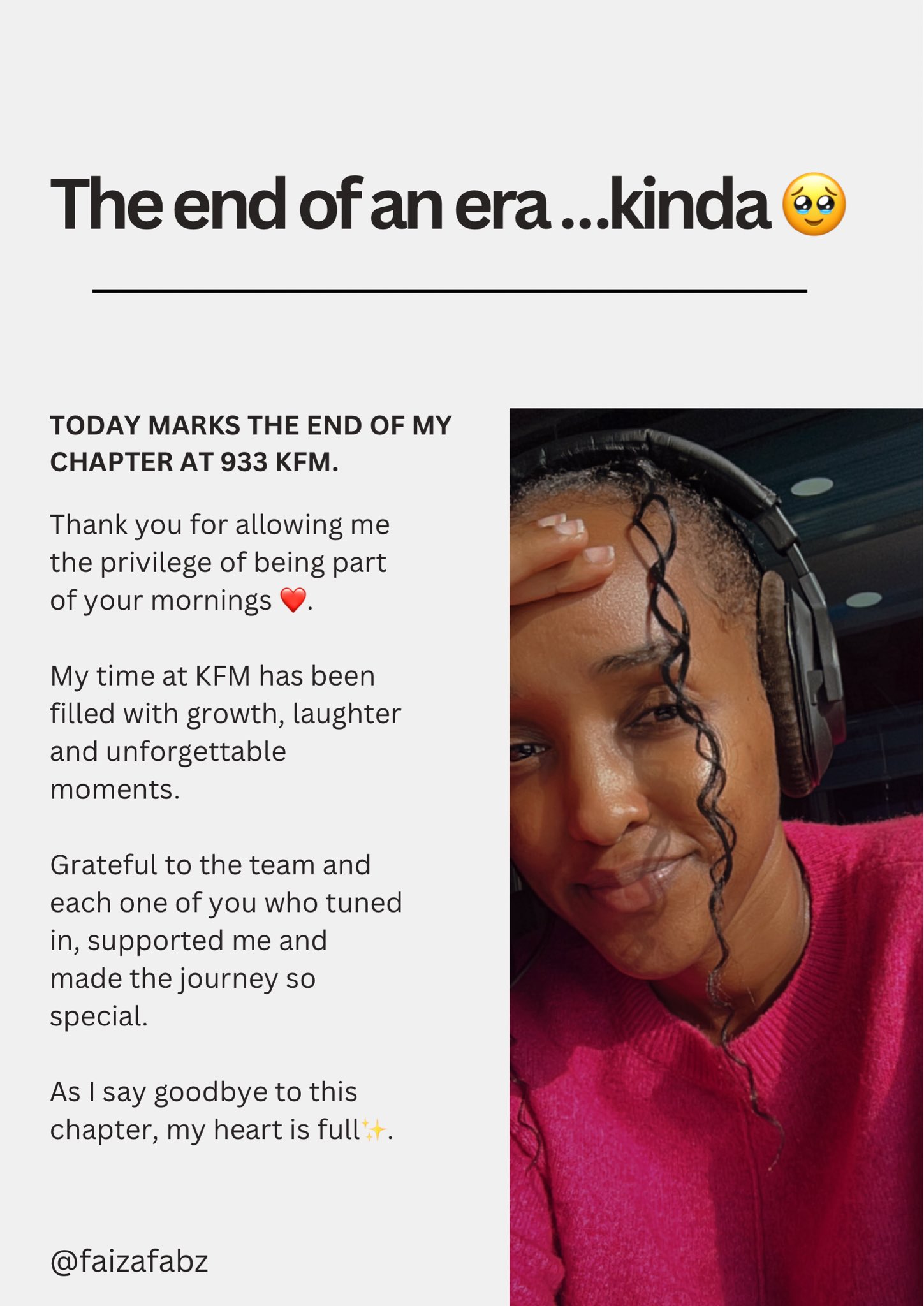 Faiza Fabz quits 93.3 KFM, thanks NMG for milestone 1 Faiza Fabz quits 93.3 KFM, thanks NMG for milestone