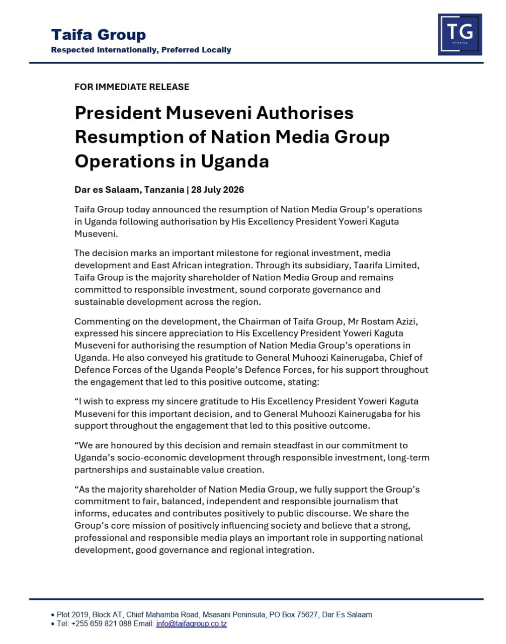 Billionaire Rostam Aziz thanks Museveni for letting NMG reopen
