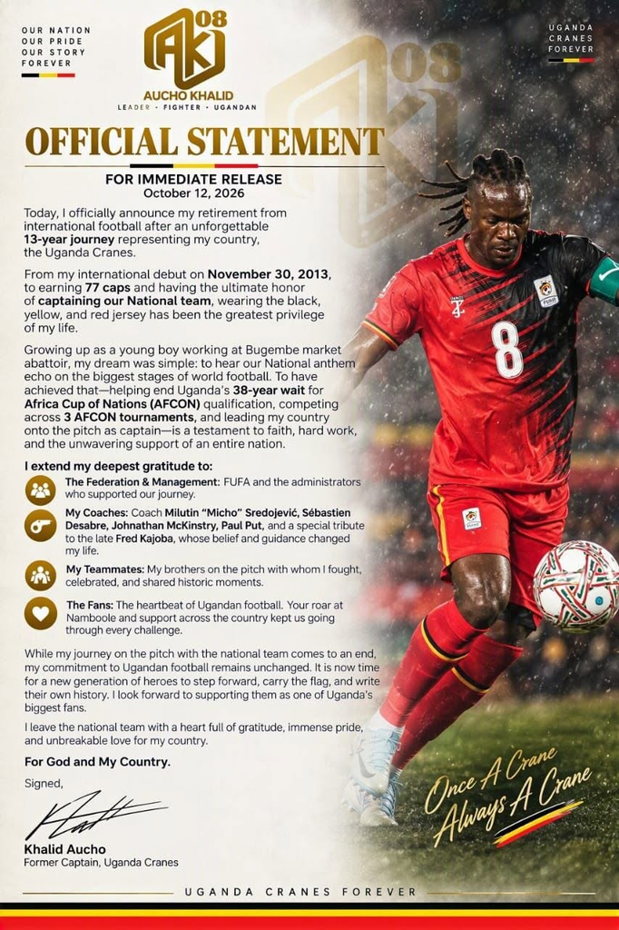 Khalid Aucho Retires from International Football After 13 Years with Uganda Cranes 1 Khalid Aucho's Journey with the Uganda Cranes